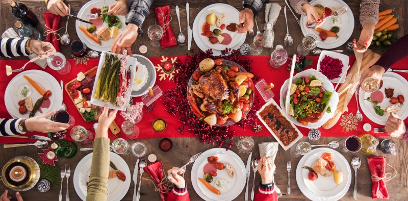 table full of holiday foods